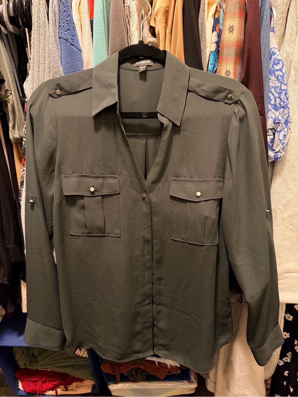 Express Portofino Dark Green Button-Front Shirt